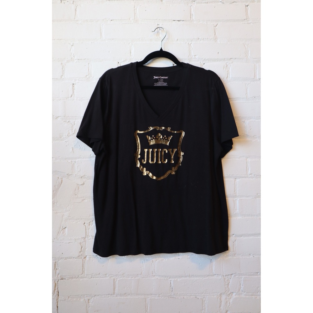 Juicy Couture Black V-Neck T-Shirt Gold Foil Crown Crest Graphic XL